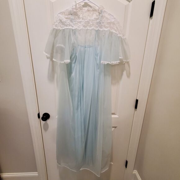 NWOT Vtg Val Mode 2 Pc Peignoir Set Sz XS Blue White Lace Trim 60’s Sheer Robe - Picture 10 of 13
